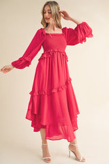 Fuchsia Smocked Ruffle Long Sleeve Maternity Midi Dress