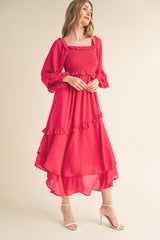 Fuchsia Smocked Ruffle Long Sleeve Midi Dress