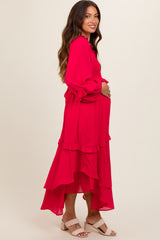 Fuchsia Smocked Ruffle Long Sleeve Maternity Midi Dress