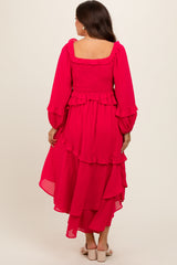 Fuchsia Smocked Ruffle Long Sleeve Maternity Midi Dress