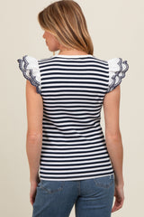 Navy Blue Striped Eyelet Lace Sleeve Maternity Blouse