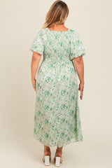 Green Floral Smocked Sweetheart Neck Short Puff Sleeve Maternity Plus Midi Dress