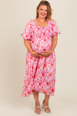 Pink Floral Smocked Sweetheart Neck Short Puff Sleeve Maternity Plus Midi Dress