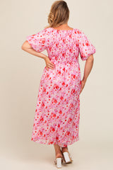 Pink Floral Smocked Sweetheart Neck Short Puff Sleeve Maternity Plus Midi Dress