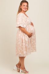 Beige Floral Embroidered Short Puff Sleeve Maternity Plus Dress