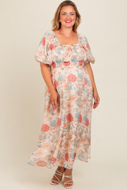 Cream Blue Floral Chiffon Puff Sleeve Maternity Plus Midi Dress