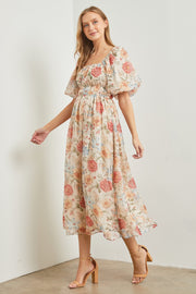 Cream Blue Floral Chiffon Puff Sleeve Midi Dress