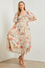 Cream Blue Floral Chiffon Puff Sleeve Midi Dress