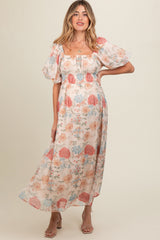 Cream Blue Floral Chiffon Puff Sleeve Maternity Midi Dress