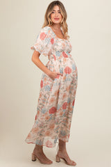 Cream Blue Floral Chiffon Puff Sleeve Maternity Midi Dress