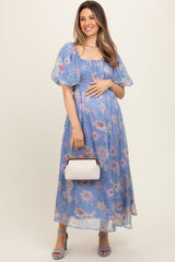 Blue Floral Chiffon Puff Sleeve Maternity Midi Dress