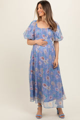 Blue Floral Chiffon Puff Sleeve Maternity Midi Dress