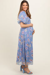 Blue Floral Chiffon Puff Sleeve Maternity Midi Dress