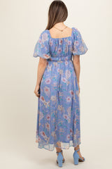 Blue Floral Chiffon Puff Sleeve Maternity Midi Dress