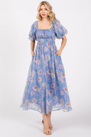 Blue Floral Chiffon Puff Sleeve Midi Dress