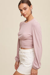 Mauve Long Sleeve Cropped Knit Top With Contrast Tie