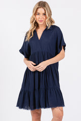 Navy Tiered Linen Maternity Dress