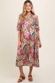 Pink Paisley Print Tiered A-Line Maternity Midi Dress