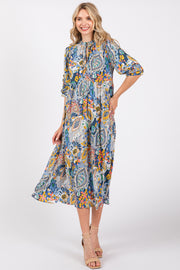 Blue Paisley Print Tiered A-Line Midi Dress