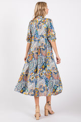 Blue Paisley Print Tiered A-Line Midi Dress