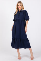 Navy Balloon Sleeve Split Neck Maternity Midi Dress