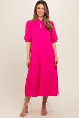 Fuchsia Balloon Sleeve Split Neck Maternity Midi Dress