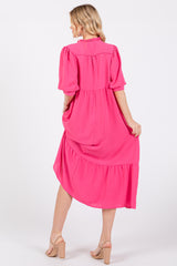 Fuchsia Balloon Sleeve Split Neck Midi Dress