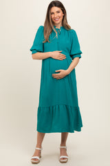 Jade Balloon Sleeve Split Neck Maternity Midi Dress