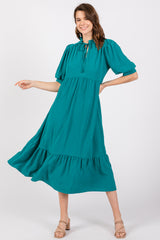 Jade Balloon Sleeve Split Neck Midi Dress