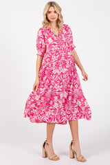 Fuchsia Floral V-Neck Tiered Maternity Midi Dress