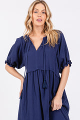 Navy Blue Tassel Tie Midi Dress