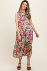 Pink Floral Paisley Mock Neck Maternity Midi Dress