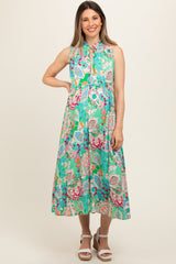 Emerald Green Floral Paisley Mock Neck Maternity Midi Dress