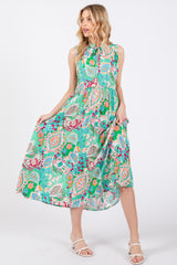 Emerald Green Floral Paisley Mock Neck Midi Dress