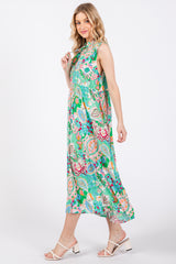 Emerald Green Floral Paisley Mock Neck Midi Dress