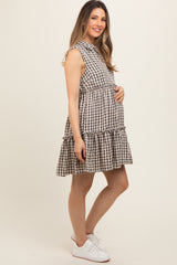 Black Gingham Button Front Collared Maternity Dress