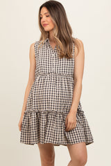 Black Gingham Button Front Collared Maternity Dress