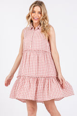 Pink Gingham Button Front Collared Dress