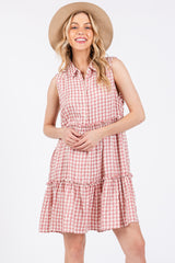 Pink Gingham Button Front Collared Maternity Dress