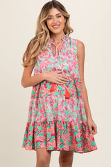 Coral Mixed Floral Tiered Maternity Dress