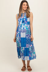 Blue Floral Paisley Tassel Tie Ruffle Hem Maternity Midi Dress