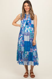 Blue Floral Paisley Tassel Tie Ruffle Hem Maternity Midi Dress