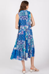 Blue Floral Paisley Tassel Tie Ruffle Hem Midi Dress