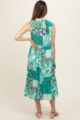 Emerald Green Floral Paisley Tassel Tie Ruffle Hem Maternity Midi Dress