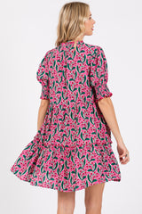 Pink Floral Front Tie Puff Sleeve Dress