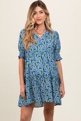 Blue Floral Front Tie Puff Sleeve Maternity Dress