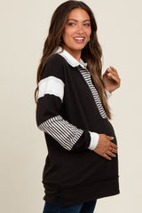 Black Striped Colorblock Collared Maternity Pullover Top