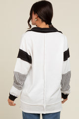 Ivory Striped Colorblock Collared Pullover Top