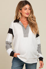 Ivory Striped Colorblock Collared Maternity Pullover Top