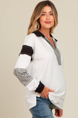 Ivory Striped Colorblock Collared Maternity Pullover Top